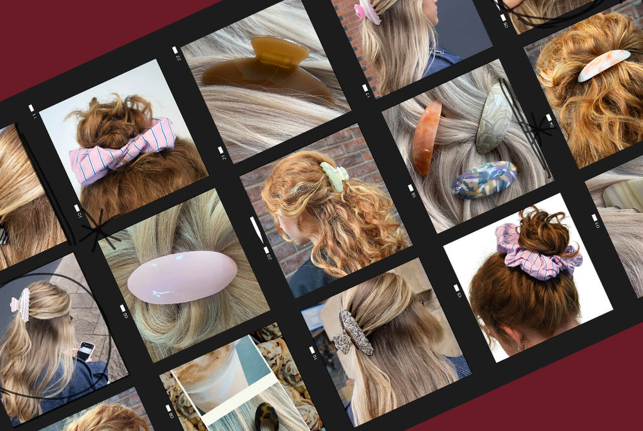 Collage of various hairstyles with THOC hair accessories on a burgandy background