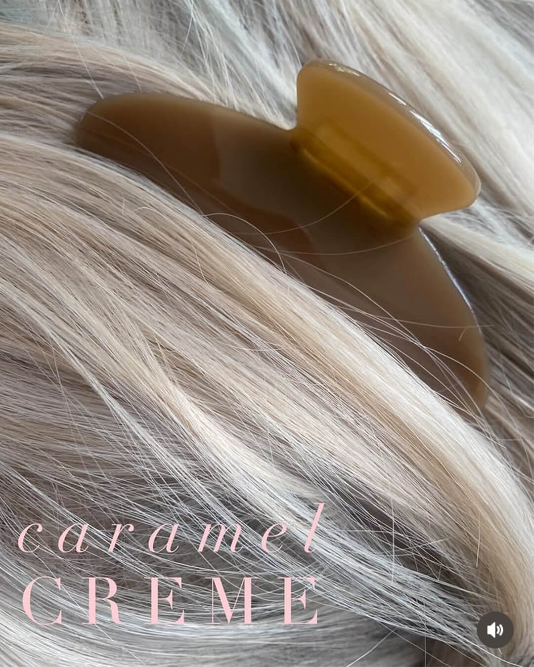 Instagram post showing Sofie Claw Clip Caramel Creme in blonde hair with 'caramel creme' text