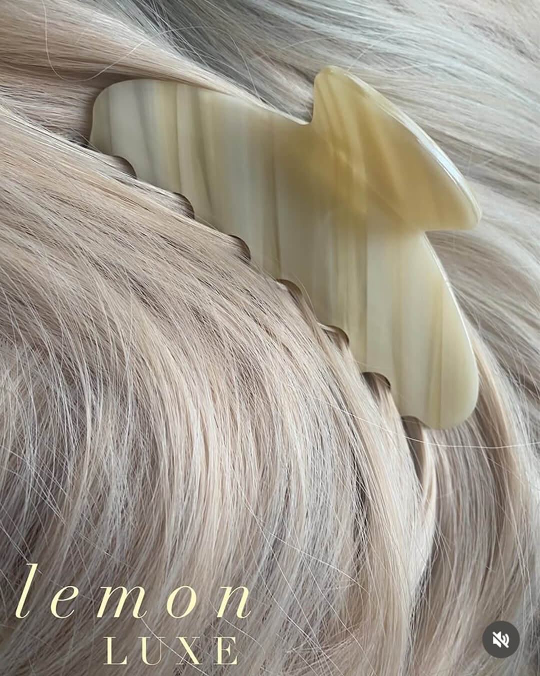 Instagram post showing Lemi Claw Clip Lemon Luxe on blonde  hair with 'lemon LUXE' wording overlaid.