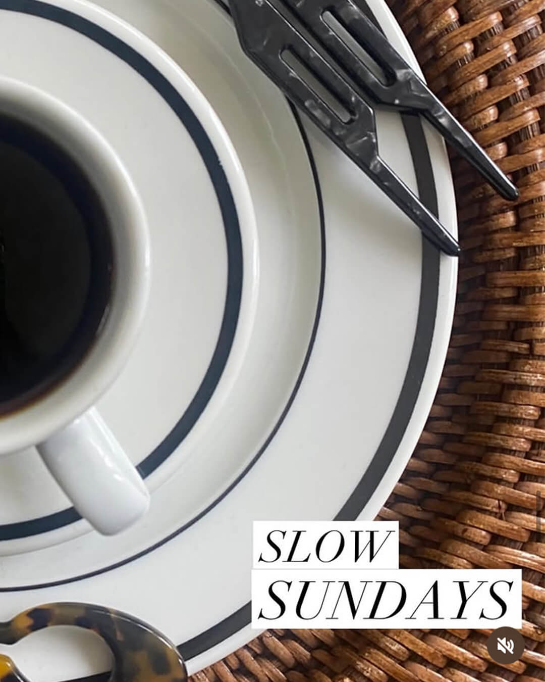 Instagram post showing cup of coffee on a saucer with two Camille Hair Pins, placed on a woven surface with 'Slow Sundays' text overlay.