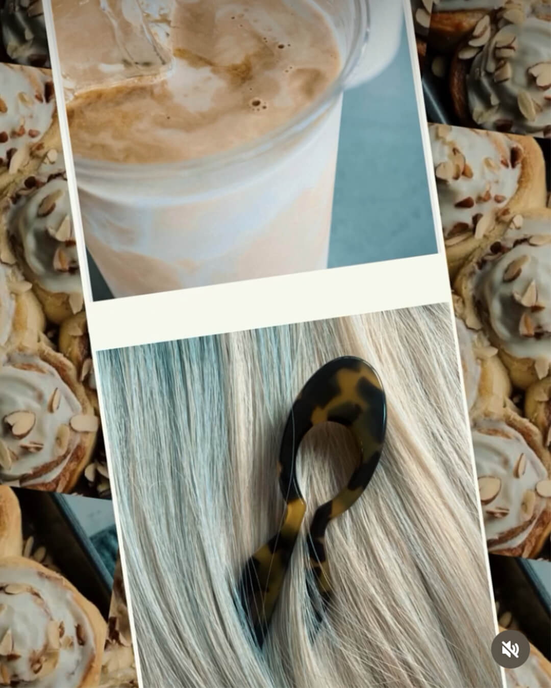 Instagram post showing a collage of a  pastries with almonds, and a strip of photos showing blonde hair with Camille Hair Pin Brown Sugar tortoiseshell hair pin and  frappucino with spoon.