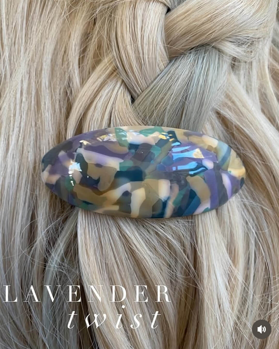 Instagram post showing Juno Barrette multi-coloured Hair Clip Lavender Twist  in a braid on blonde hair, with 'LAVENDER twist' text