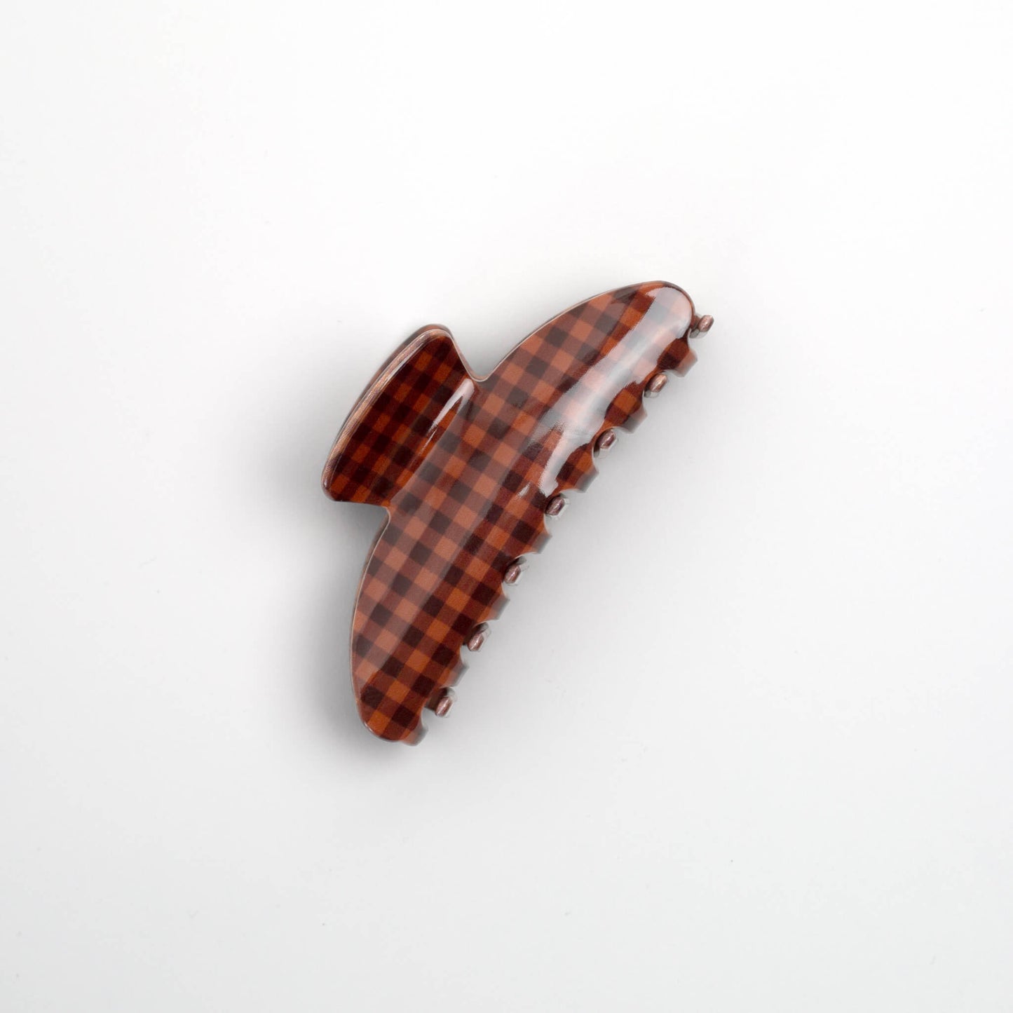 THOC Sorelle Claw Clip in brown and terracotta orange gingham shown from the side