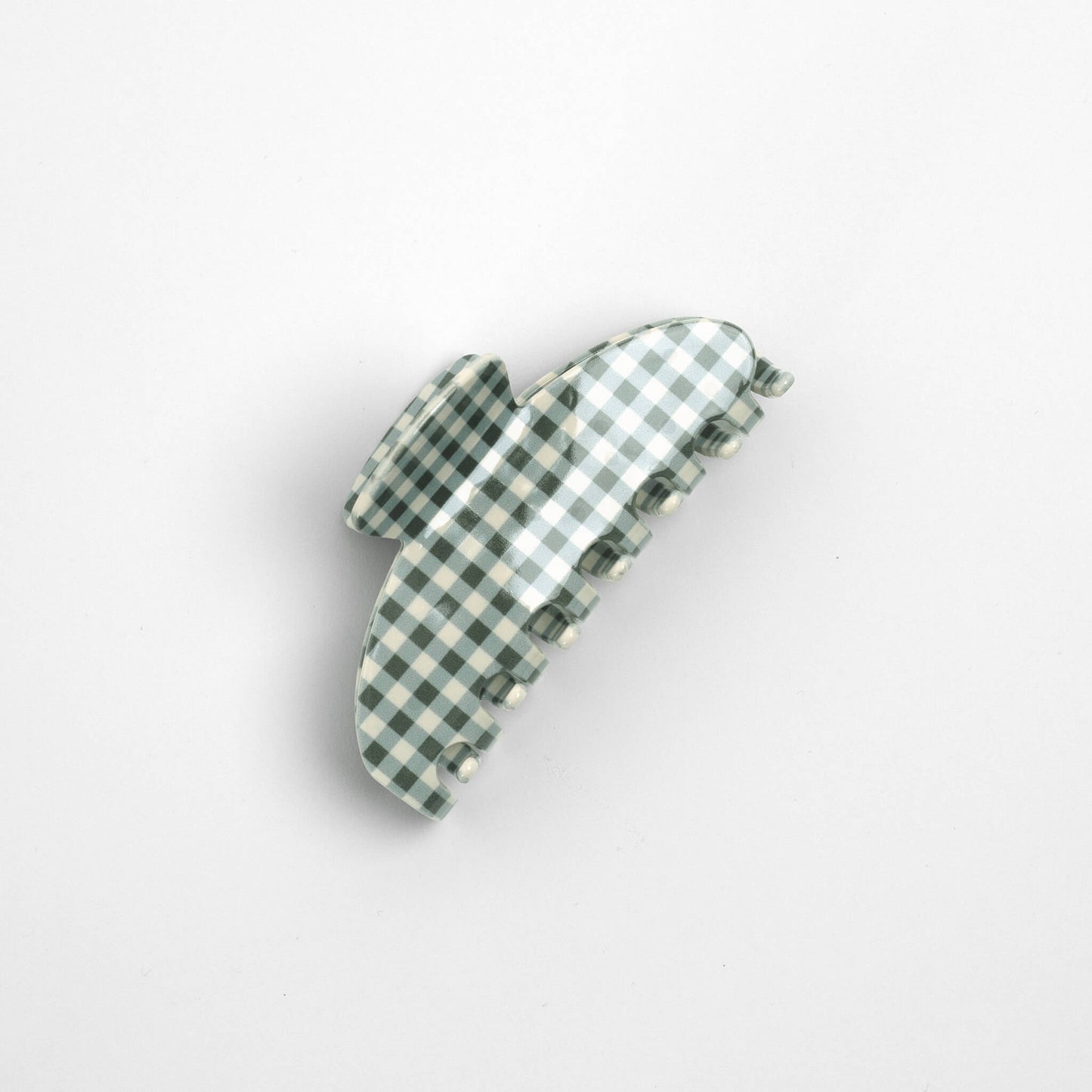 THOC Sorelle Claw Clip in olive green gingham shown from the side