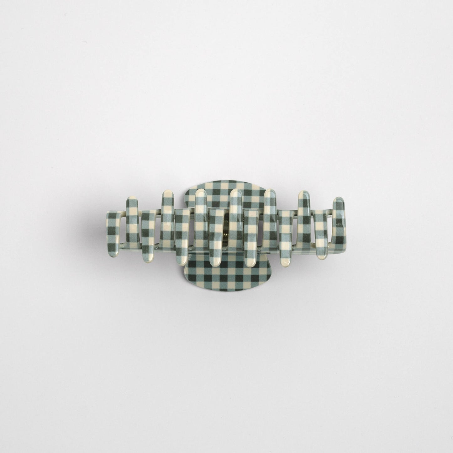 THOC Sorelle Claw Clip in olive green gingham shown from the bottom angle 