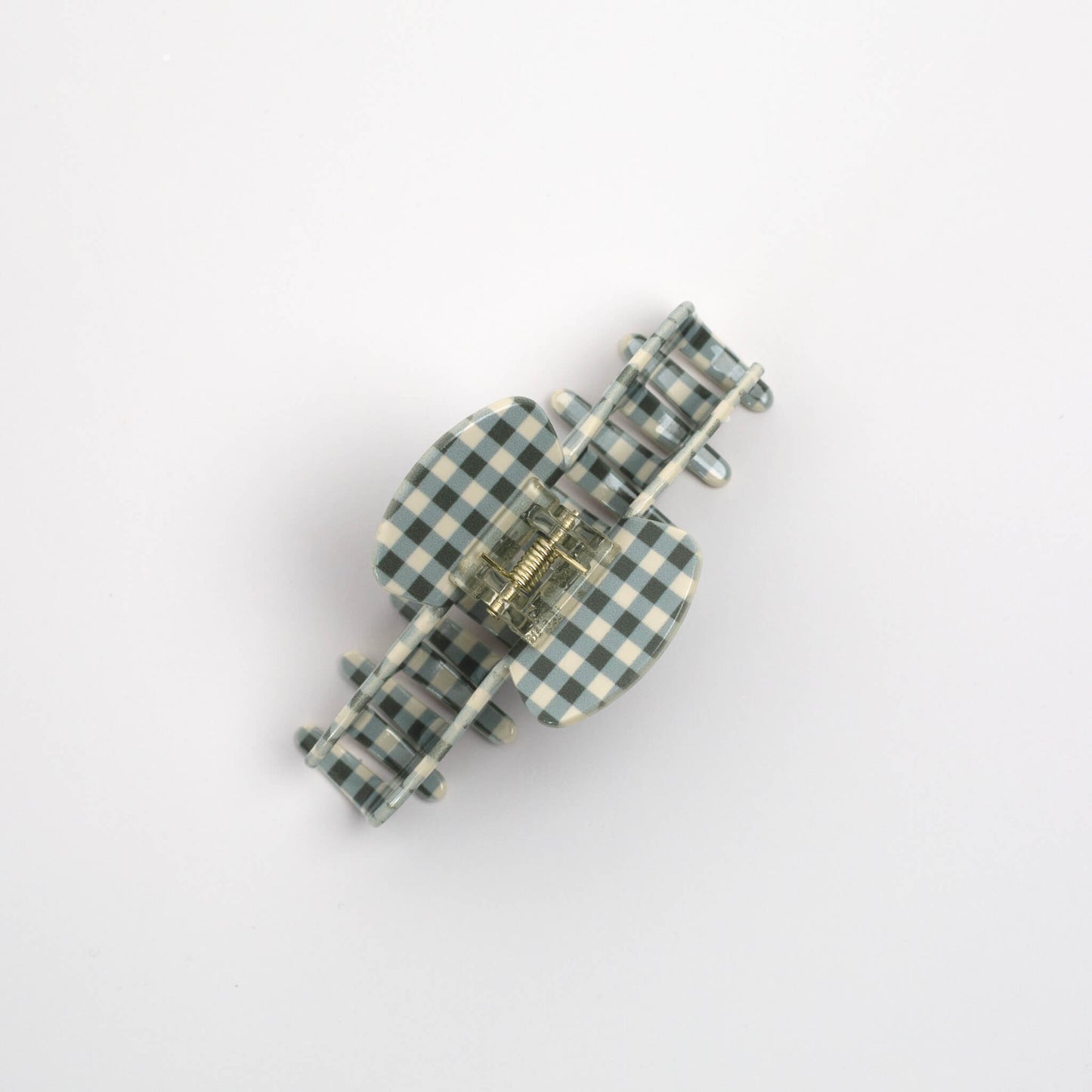 THOC Sorelle Claw Clip in olive green gingham shown from the top angle 