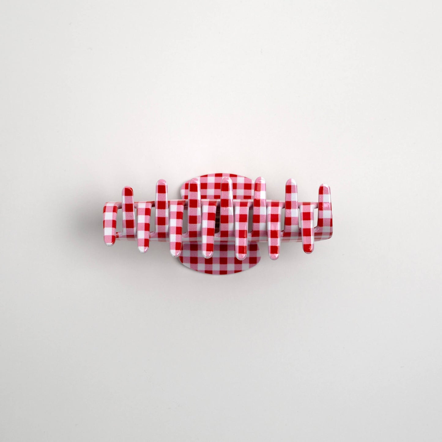 THOC Sorelle Claw Clip in Red and white  gingham shown from the bottom