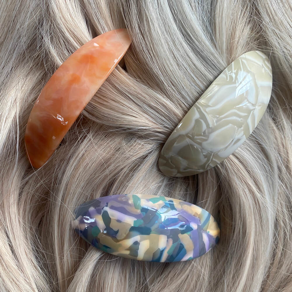 THOC Juno Barrette Hair Clips shown on blonde hair