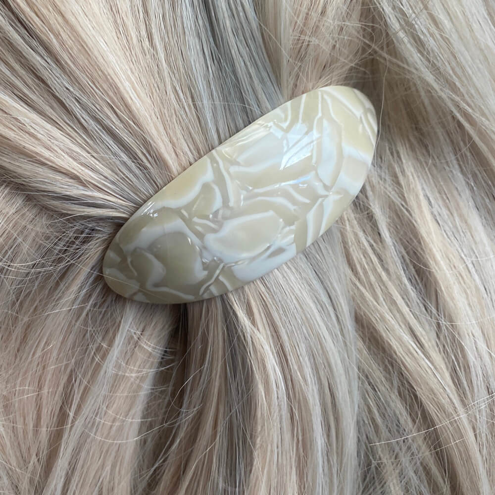 THOC Juno Barrette Hair Clip Whipped Ice Cream shown on blonde hair