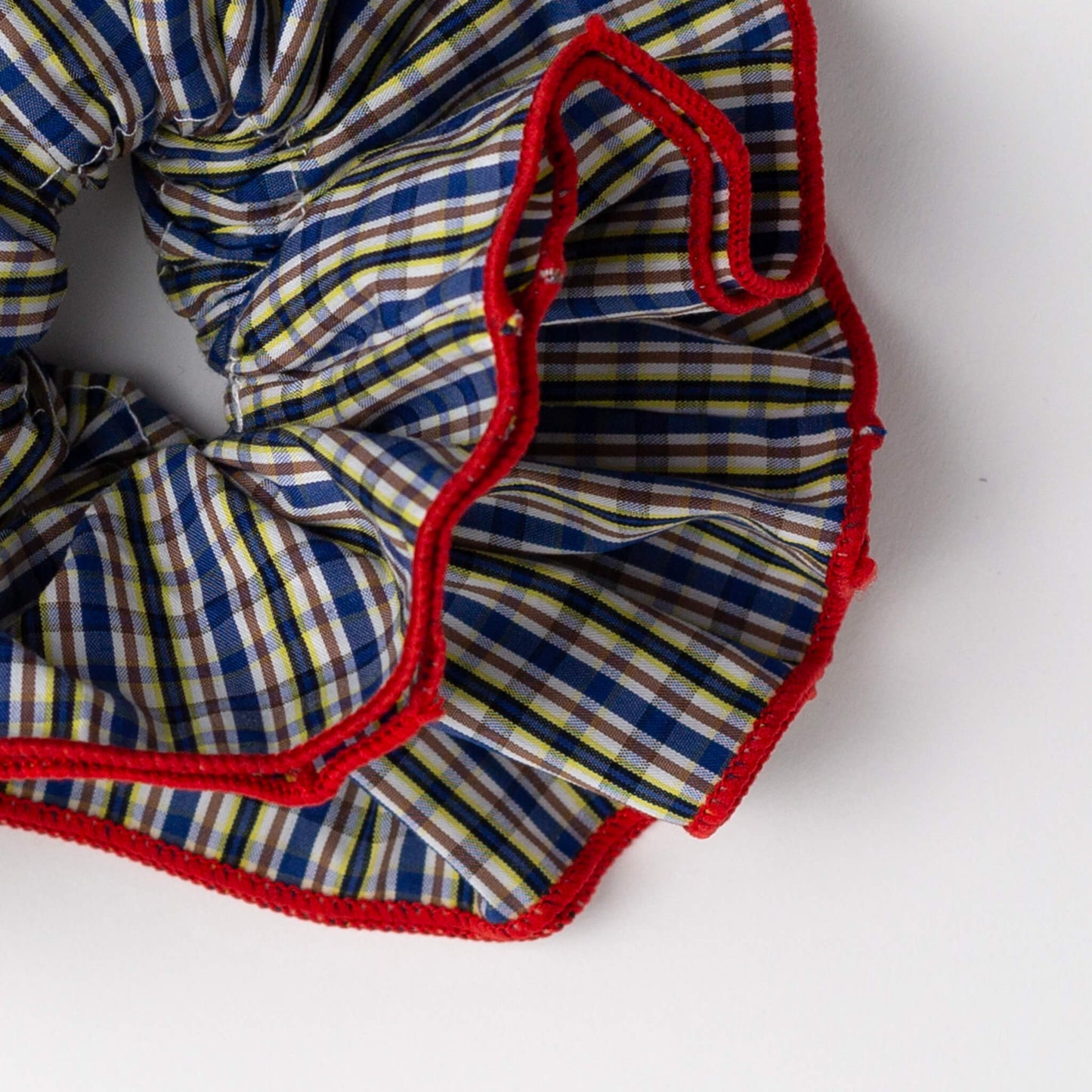 Close up of THOC Bloom Double Layer Scrunchie Red Plaid on white background